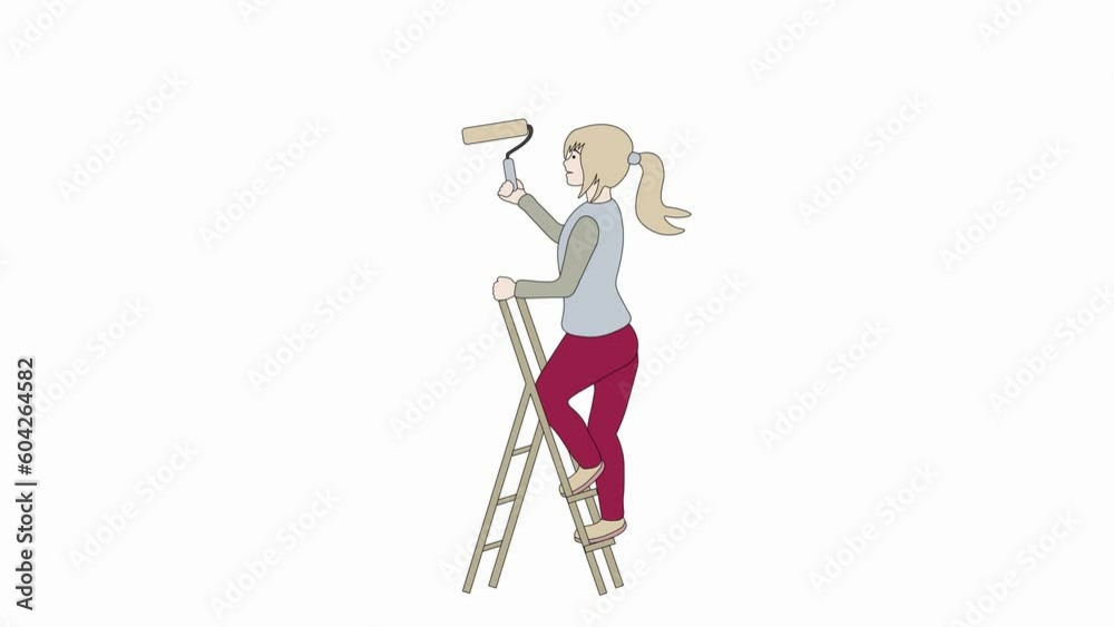 animation of the cartoon where the painter girl stands on the stairs and paints the wall with a roller, makes repairs animation of the cartoon where the painter girl stands on the stairs and paints the wall with a roller, makes repairs
