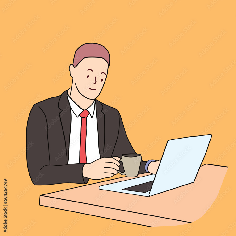 continuous line man using computer to work freelance use headphones listen to music relax hand drawn illustration vector continuous line man using computer to work freelance use headphones listen to music relax hand drawn illustration vector