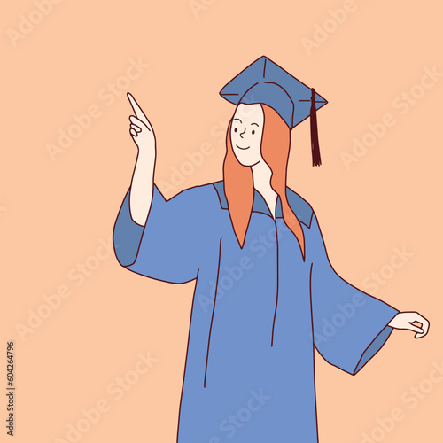 line art cartoon graduation character woman wearing a graduation gown The concept of study, college, degree certificate
  illustration vector hand drawn