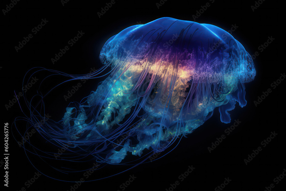 Glowing jellyfish swim deep in the blue sea. Jellyfish neon jellyfish fantasy on black background. Generative AI Glowing jellyfish swim deep in the blue sea. Jellyfish neon jellyfish fantasy on black background. Generative AI