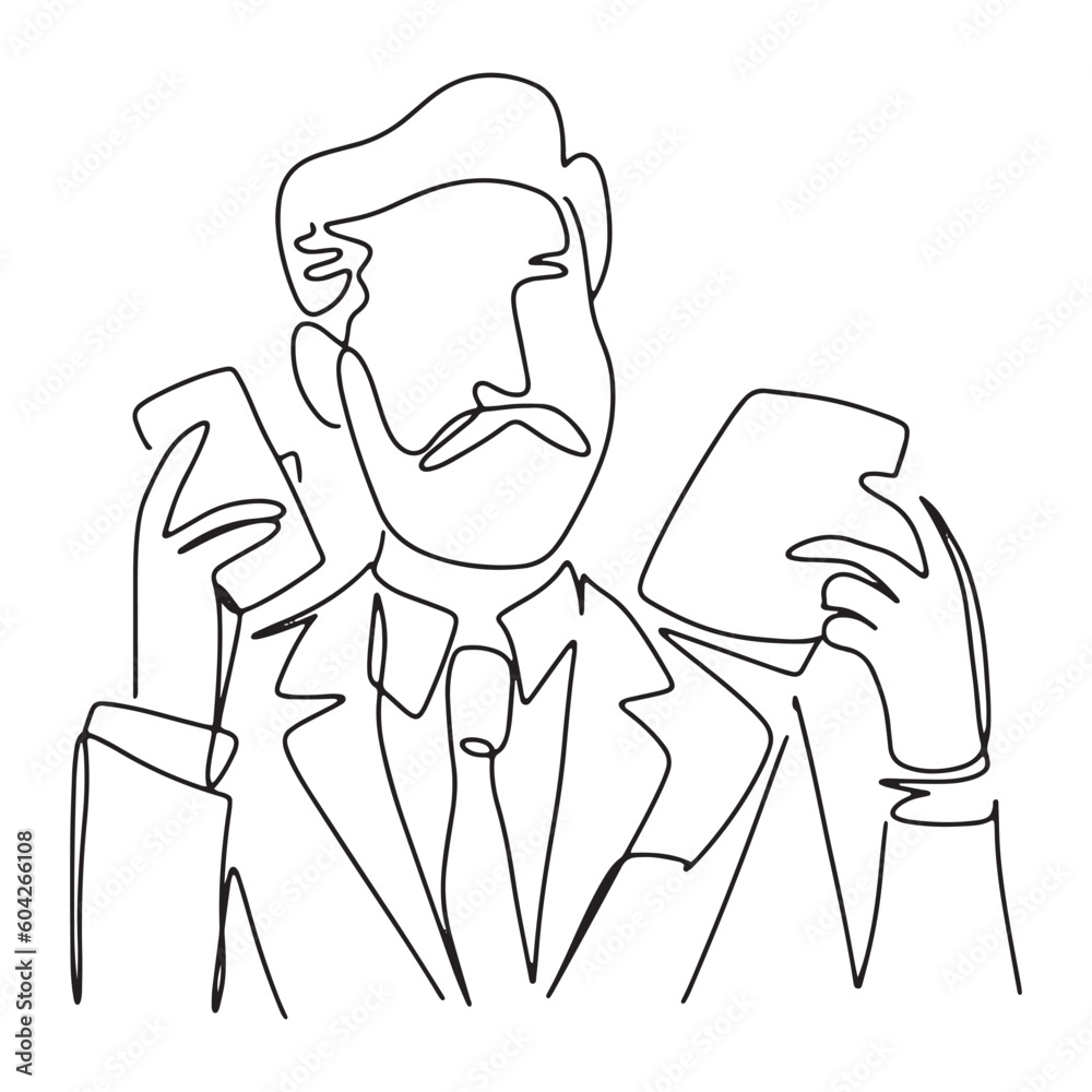 continuous line business man mobile phone tablet media technology online conferencing hand drawn illustration vector continuous line business man mobile phone tablet media technology online conferencing hand drawn illustration vector