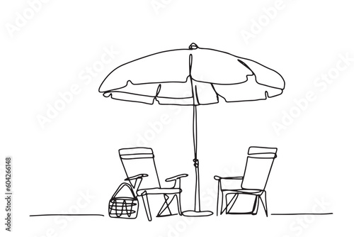 continuous line beach chair beach umbrella travel summer seaside hand drawn illustration day line vector