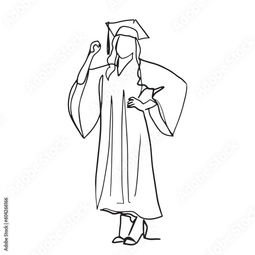 line art cartoon graduation character woman wearing a graduation gown The concept of study, college, degree certificate illustration vector hand drawn