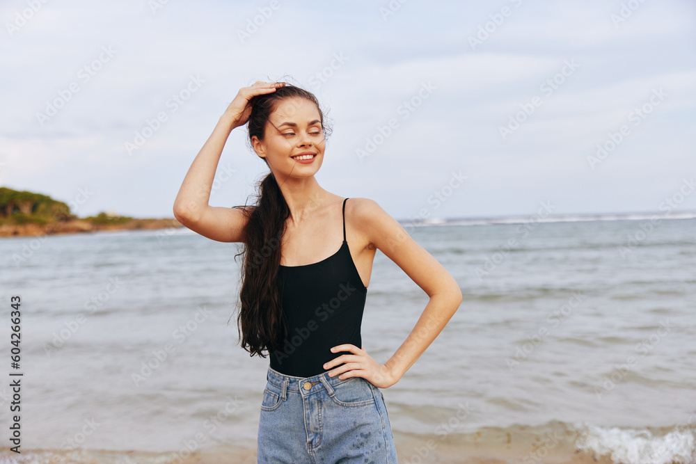 woman summer lifestyle sea ocean sunset sand beach girl vacation smile woman summer lifestyle sea ocean sunset sand beach girl vacation smile