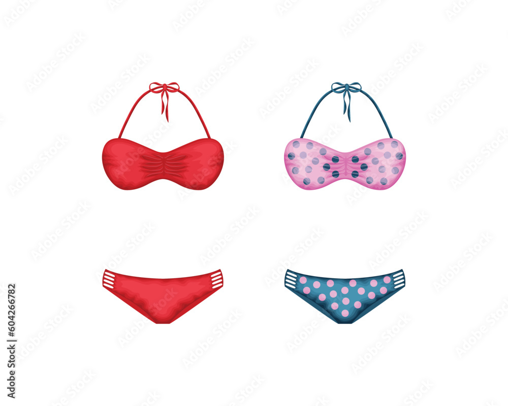 Swimsuits. Separate swimsuits in red, pink and blue colors. A beach accessory. Women s clothing for swimming and sports. Vector illustration isolated on a white background Swimsuits. Separate swimsuits in red, pink and blue colors. A beach accessory. Women s clothing for swimming and sports. Vector illustration isolated on a white background