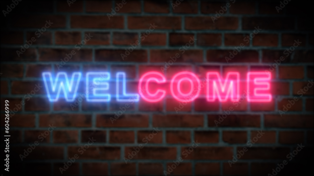 Illustration of a neon welcome sign on a brick wall background.