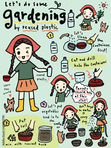 girl do some gardening by re-used plastic, hand drawn style vector