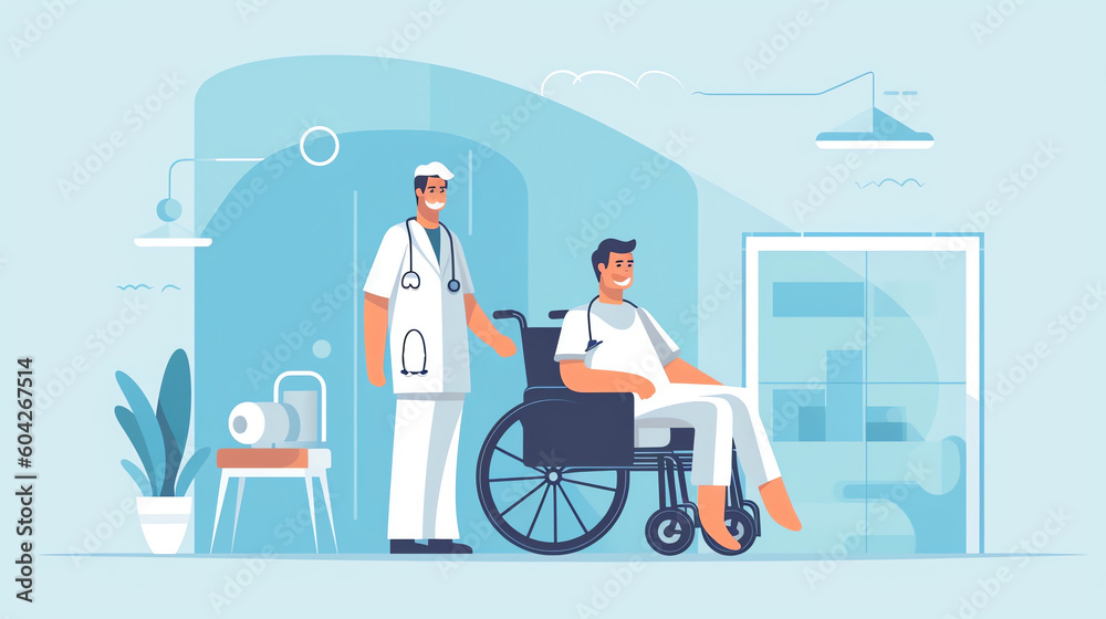 Disabled man sitting in wheelchair. Woman is walking, leaning on orthopedic walker. Guy with broken leg in cast with crutches. People with disabilities. Rehabilitation Generative AI.