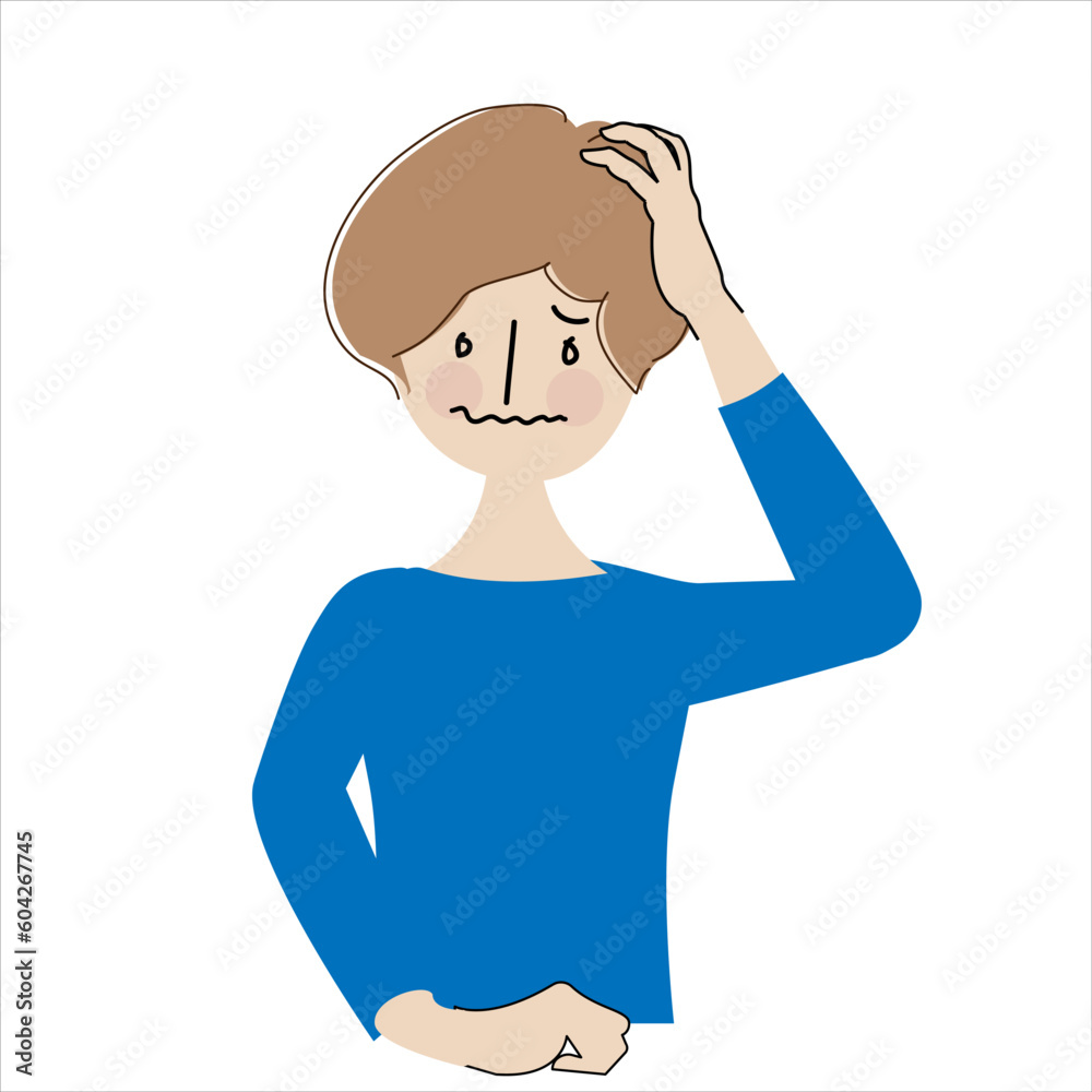 頭を抱えて困っているショートヘアの若い女性 頭を抱えて困っているショートヘアの若い女性