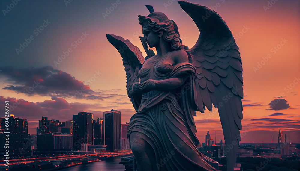 Fototapeta premium angel statue at sunset - AI generated image