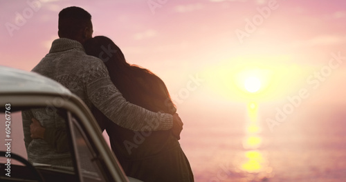 Couple, hug and sunset sky at beach with love on vacation, holiday or adventure. A man and woman on a road trip for marriage, travel journey or date outdoor in nature with freedom and mockup space