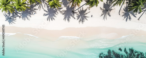 Stunning aerial view of pristine beach, contrasting palm tree shadows on white sand, vivid ocean hues, and dreamy tropical ambiance evoke emotion in the observer. Generative AI © XaMaps