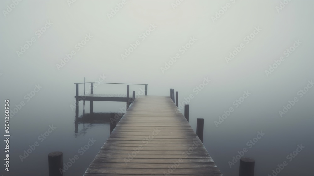 Fototapeta premium Foggy lake with a pier. Designed using generative ai. 