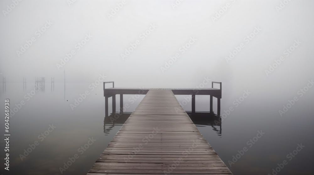Foggy lake with a pier. Designed using generative ai. 