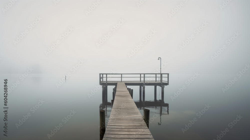 Foggy lake with a pier. Designed using generative ai. 