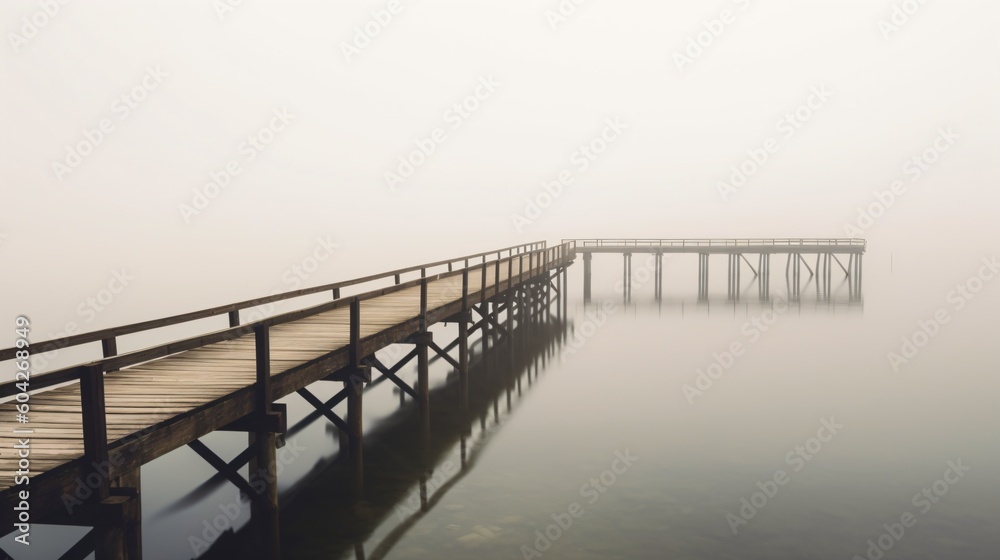 Foggy lake with a pier. Designed using generative ai. 