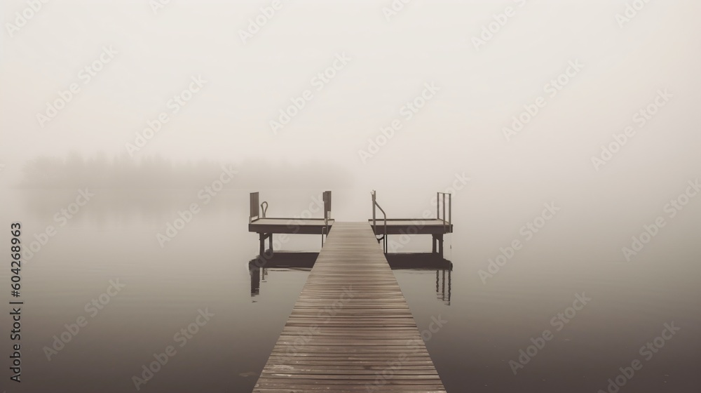 Naklejka premium Foggy lake with a pier. Designed using generative ai.