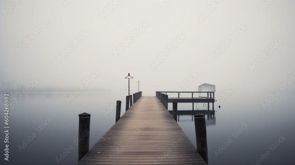 Obraz premium Foggy lake with a pier. Designed using generative ai. 