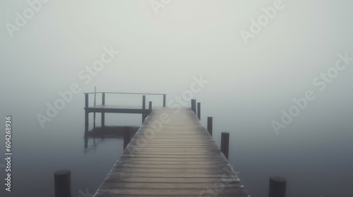 Foggy lake with a pier. Designed using generative ai. 