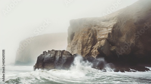 Photo Waves Breaking Below Rugged Sea Cliffs. Generative AI.