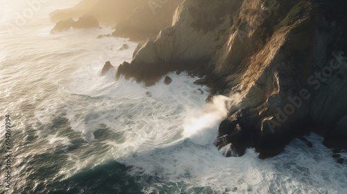 Waves Breaking Below Rugged Sea Cliffs. Generative AI.