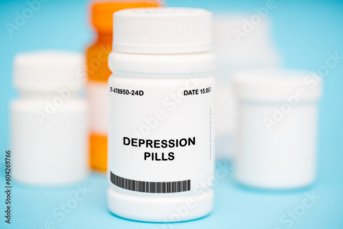 Depression Pills medication In plastic vial photo