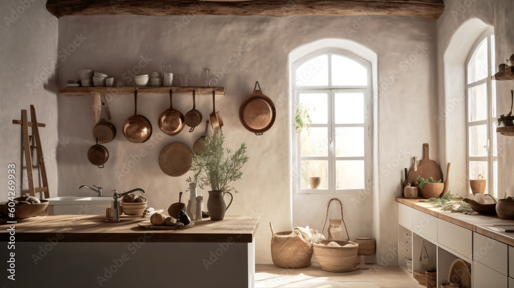 Boho style kitchen interior. Designed using generative ai. 