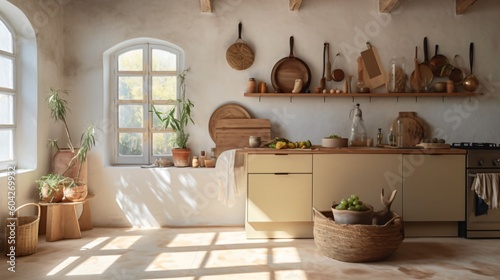 Boho style kitchen interior. Designed using generative ai. 