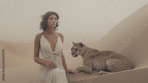 Woman together with a leopard. Generative AI. 