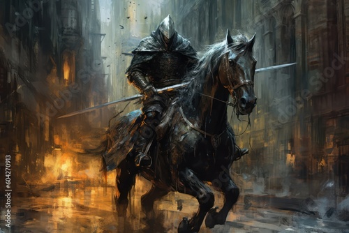 A chaos knight. Riding horse. Flame. Medieval times. fantasy scenery. concept art.