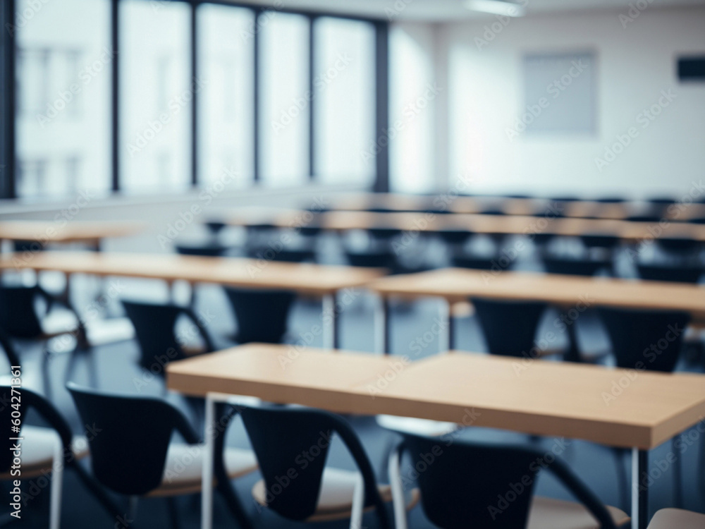Empty classroom with tables and chairs. Education concept. Blurred background. AI generated. Empty classroom with tables and chairs. Education concept. Blurred background. AI generated.