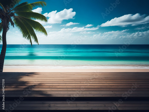 Tropical beach with coconut palm tree and wooden deck on background. AI generated. © MrBaks