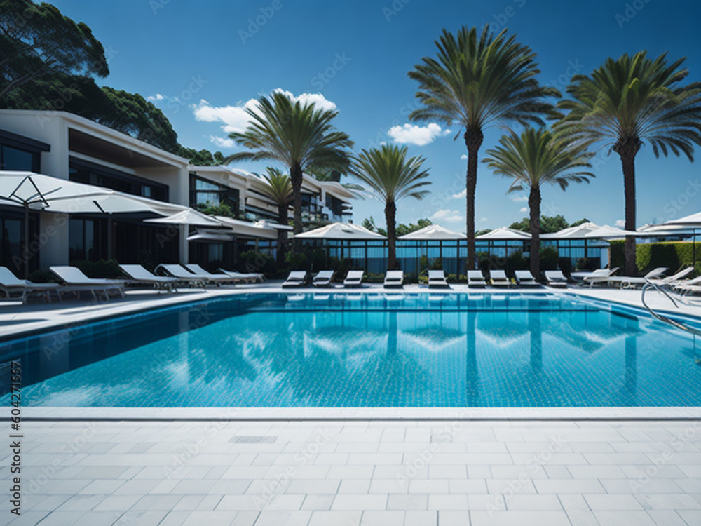 Fototapeta premium Swimming pool with sunbeds and umbrellas in luxury resort. AI generated.