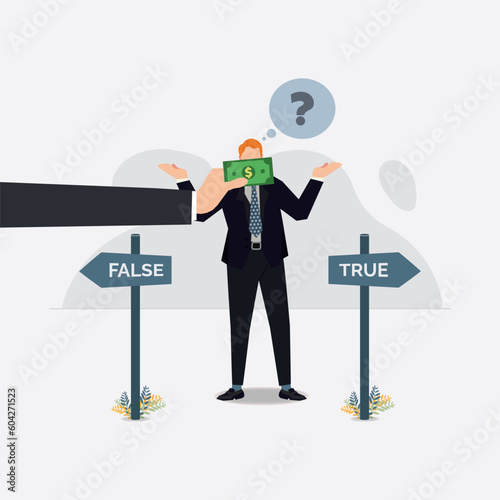 Businessman with money banknote taped to mouth, can not tell the truth. bribery concept vector illustration