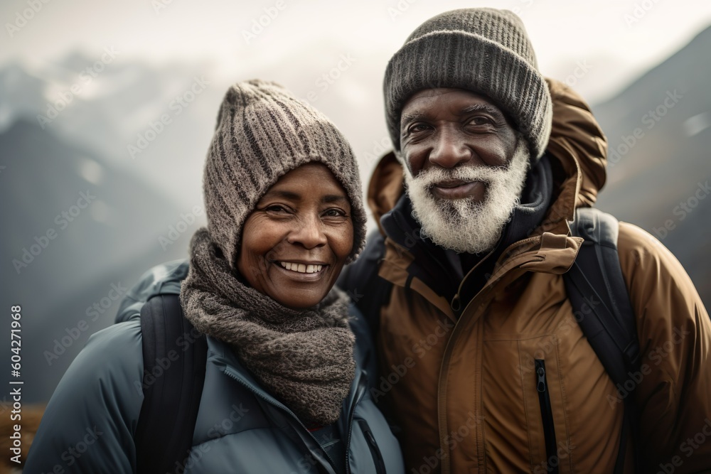 AI-Generated image of a senior couple travelling and hiking together in a mountain landscape AI-Generated image of a senior couple travelling and hiking together in a mountain landscape