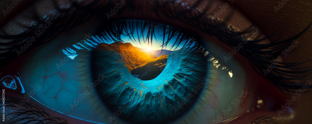 Captivating close-up of an azure blue eye reflecting a majestic mountain landscape, evoking freedom, adventure, and stirring deep emotions of awe and nostalgia. Generative AI