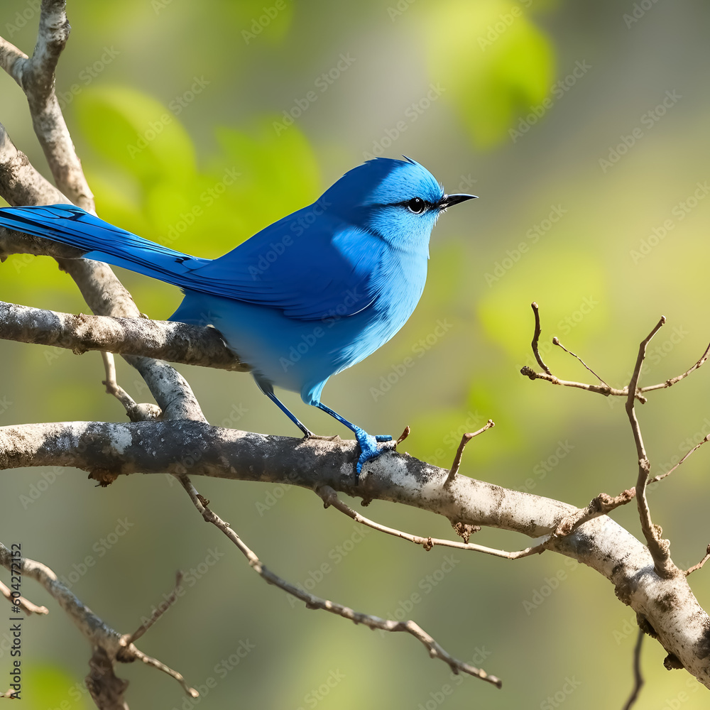 A vibrant blue bird perched atop a slender twig, Generative Ai illustration