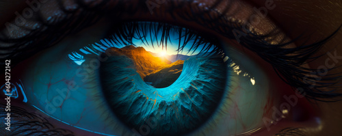 Captivating close-up of an azure blue eye reflecting a majestic mountain landscape, evoking freedom, adventure, and stirring deep emotions of awe and nostalgia. Generative AI