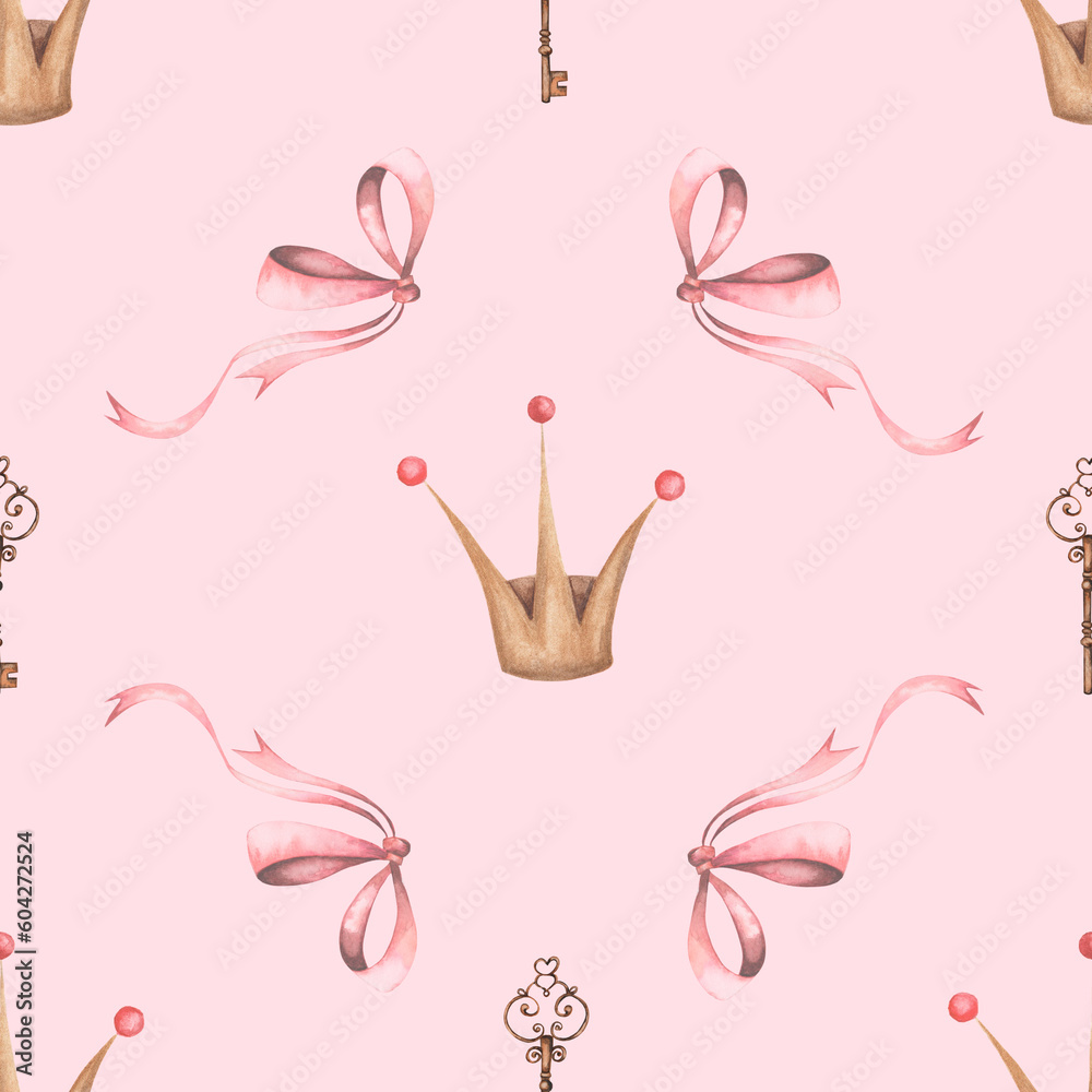 seamless watercolor pattern with crown, key and pink bow. cute pattern for princesses. textiles for little babies. enjoy