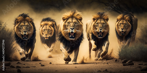 Captivating image of 5 fierce lions with open mouths, charging towards the viewer in the African savannah, evoking strong emotions and adrenaline rush. Generative AI