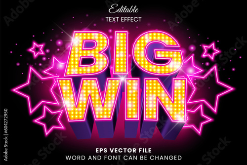 Big win neon light 3d editable text effect