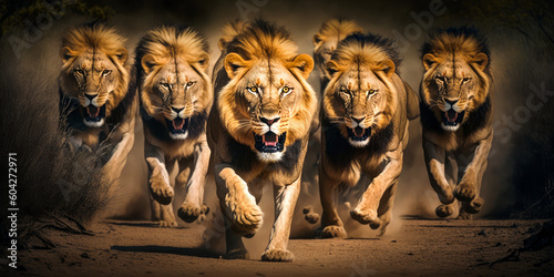 Stunning line-up of five ferocious lions with open mouths, charging towards the viewer in a realistic savannah setting. Experience raw emotion and awe in this captivating image. (165). Generative AI © XaMaps
