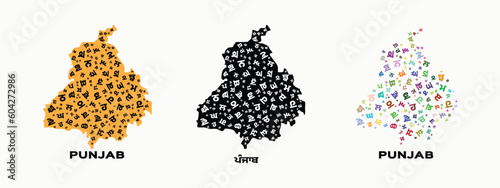 Punjab Map filled with Punjabi language alphabets, Gurmukhi Alphabets, T shirt design, poster, art, printable, sticker, flyer, isolated vector, editable illustration.  