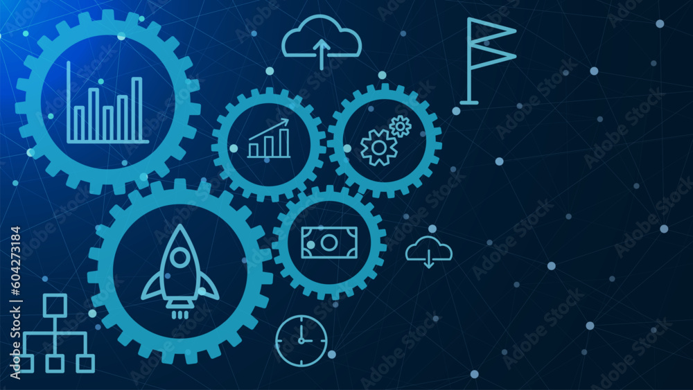 Fototapeta premium Business process management background. Business process workflow or automated business system with icons and connected dots lines