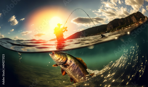 Fishing sport banner. Fisherman and fish trout action, underwater view. Generation AI © Adin