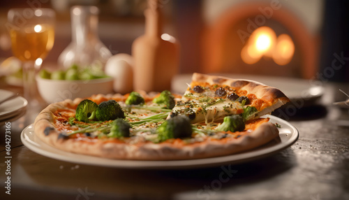 Italian Pizza vegetarian with green broccoli cabbage on plate. Generation AI