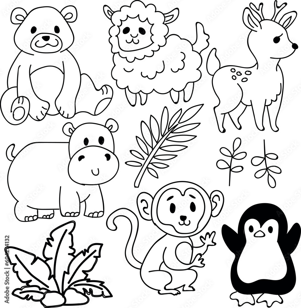 Set of outline doodle wild animals clipart with colors 
 yellow, red, blue, brown, and black