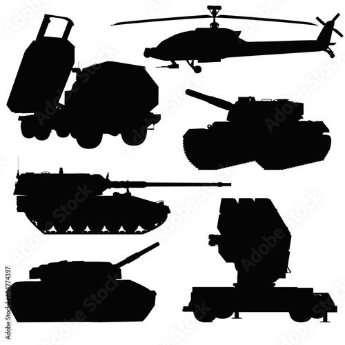 Military vehicles silhouette SET. HIMARS, Battle tank, Air defense system. Helicopter apache. Self-propelled howitzer. Vector illustration isolated on white background.