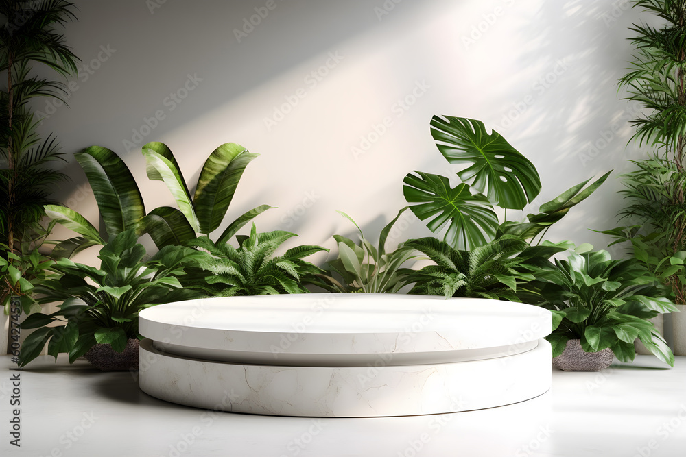 3d render empty space white terrazzo textured podium with monstera leaf house plant. Podium for product shoot. AI Generative Illustration. 3d render empty space white terrazzo textured podium with monstera leaf house plant. Podium for product shoot. AI Generative Illustration.