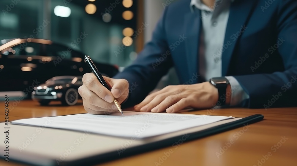 Close up male hand fill contract paper . Generative AI Close up male hand fill contract paper . Generative AI